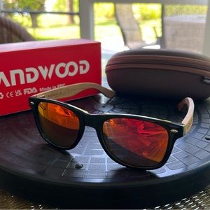 ANDWOOD Wooden Bamboo Frame Mirrored Sun Glasses Red Shades